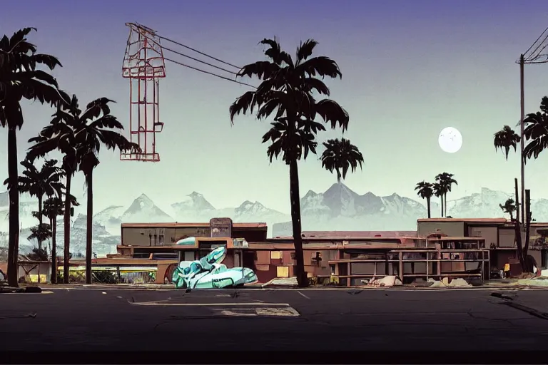 Image similar to broken robot | abandoned motel | palm trees | snowy mountains | moon in sky, painting by syd mead and weta studio and moebius and james jean and frank frazetta, gta san - andreas game screenshot, highly detailed, rule of third, soft lighting, architectural magazine, insanely intricate details, artstation trending, hypermaximalistic, high details, cinematic