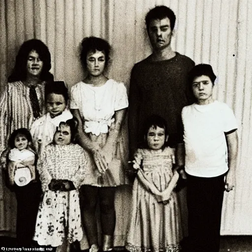 Prompt: a grainy family photo where one of the children has an evil look to them