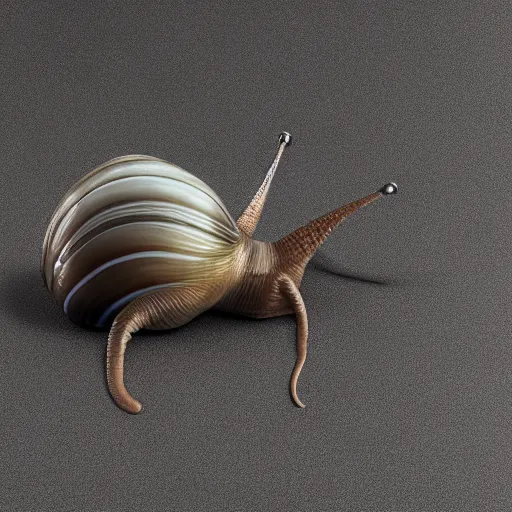 Prompt: snail with shell made out of chrome. product photography. octane render, cinematic, hyper realism, octane render, 8k, depth of field