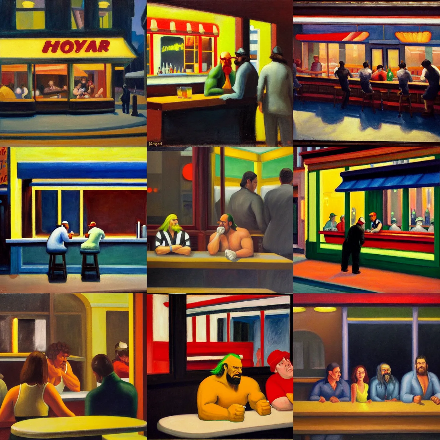 Prompt: An oil painting of a diner with glass windows, Hulk hogan, Andre the Giant, and Randy Savage sitting at the bar, it is dark outside as the light from the diner illuminates the outside sidewalk, perspective taken from across the street looking in, painting by Edward Hopper