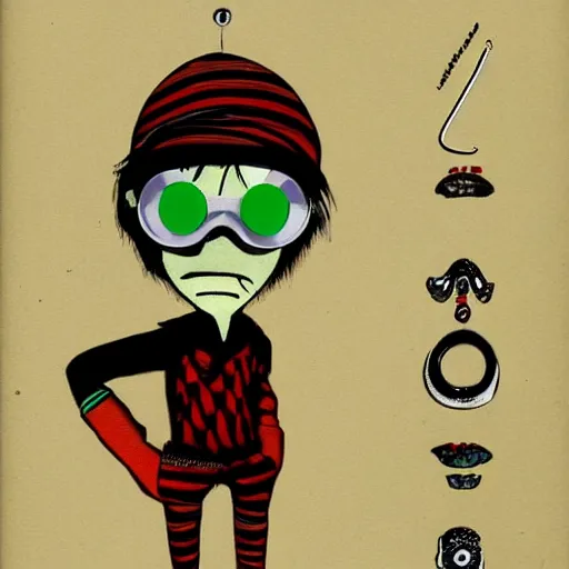 Image similar to a goth nerd guy wearing goggles and eccentric jewelry by jamie hewlett :: full body character concept art, full body, detailed