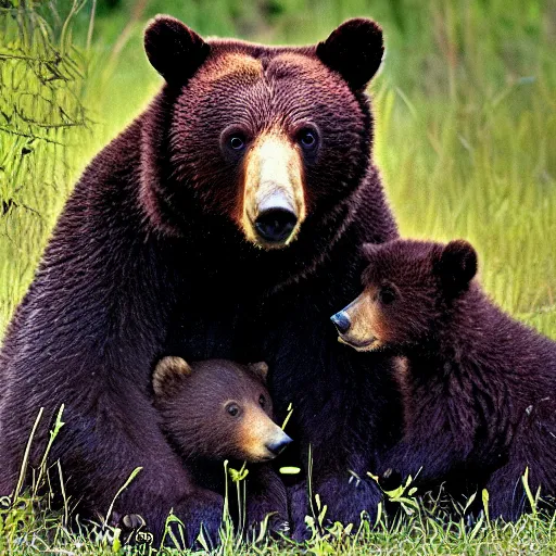 Image similar to a bear cub with his mother, photo taken by nikon, wildlife photography, nature magazine, tele lens