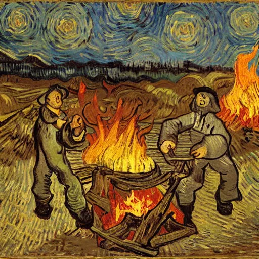 Prompt: painting of a man in hell making smores, bag of marshmallows, fire everywhere, by van gogh.