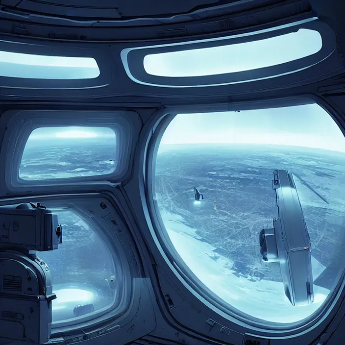 Prompt: inside a spaceship interior looking out of a futuristic window onto earth, directed by denis villeneuve, photorealistic, hyperdetailed, sci - fi, atmospheric, artstation