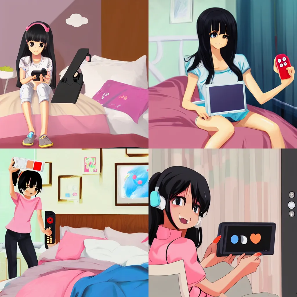 Prompt: cute art of black haired beautiful anime girl playing with a nintendo switch inside a bedroom