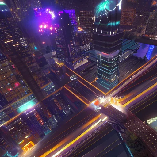 Prompt: isometric nighttime cityscape shot from helicopter from wipeout playstation detailed photorealistic 4 k unreal engine