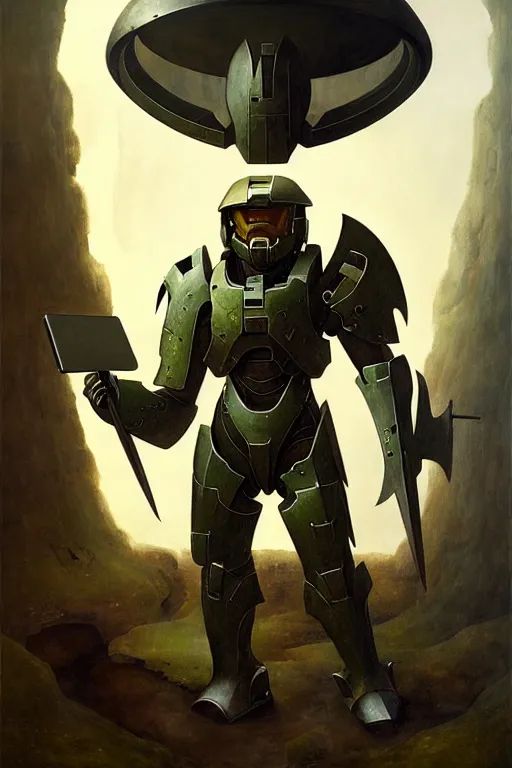 Prompt: hieronymus bosch, greg rutkowski, anna podedworna, painting of halo spartan armor laughing at a laptop