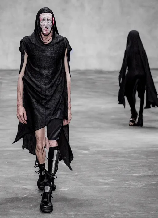 Image similar to hyperrealistic and heavy detailed rick owens avant garde runway show of batman, leica sl 2 5 0 mm, vivid color, high quality, high textured, real life