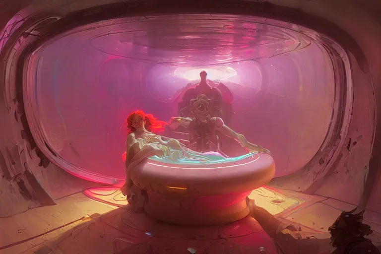 Image similar to interior of a Sensory deprivation Stomach filled with glowing pink water, Cross section, Claustrophobic, seapunk Mecha , vaporwave , digital art, artstation, by WLOP, Ilya repin, alphonse mucha., Very highly detailed 8K, octane, Digital painting, the golden ratio,