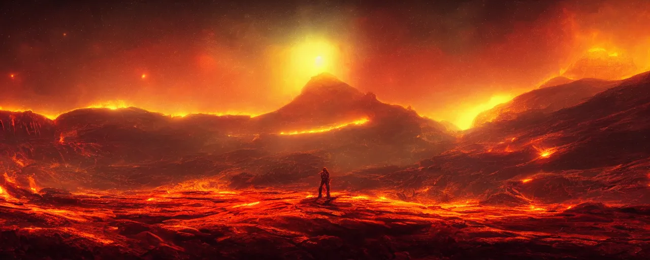 Prompt: ” barren fiery landscape at night, [ cosmic, cinematic, detailed, epic, widescreen, opening, establishing, mattepainting, photorealistic, realistic textures, octane render, art by slop and paul lehr ] ”