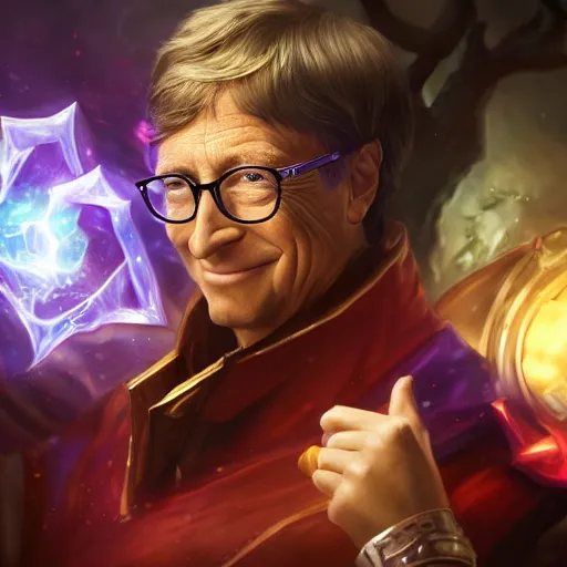 Image similar to portrait of bill gates as a spellcaster, league of legends amazing splashscreen artwork, legends of runeterra, splash art, natural light, elegant, photorealistic facial features, intricate, fantasy, detailed face, atmospheric lighting, anamorphic lens flare, cinematic lighting, league of legends splash art, hd wallpaper, ultra high details by greg rutkowski