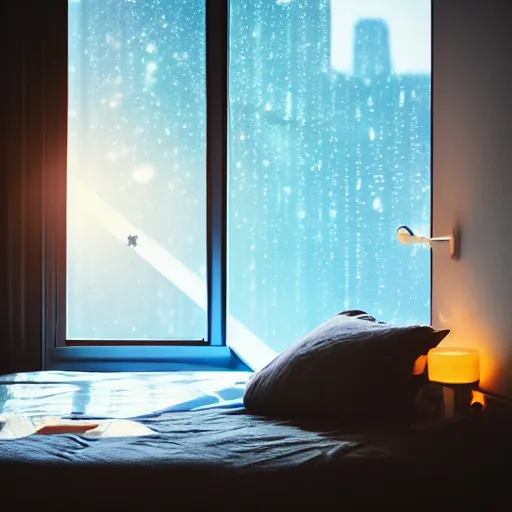 Image similar to calm photo of a futuristic otaku bedroom, bokeh + calm lighting
