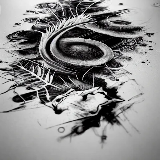 Prompt: highly detailed ink art, black and white, dark, rendered in octane