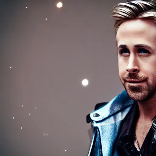 Image similar to Ryan Gosling with silver-violet hair, white eyes inflated press and denim glittery vest, wide lens, diorama, 4k,