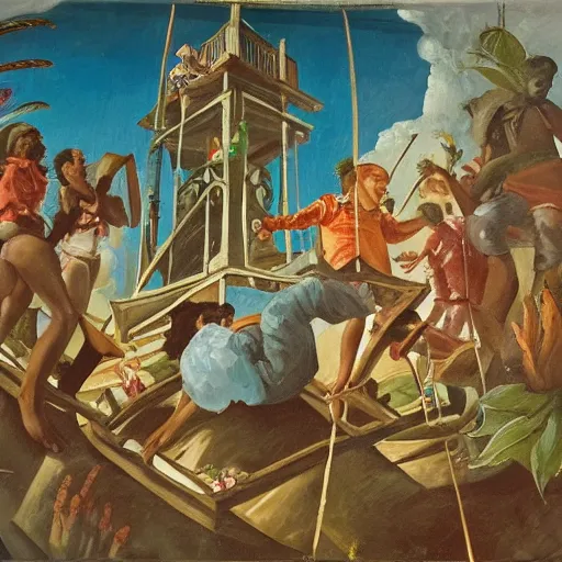 Prompt: prize winning oil painting of two famous writers fighting in a tower while calypso singers laugh at them and fishermen hold flowers between the windows of the sea where lovely mermaids flow, in style of neo rauch