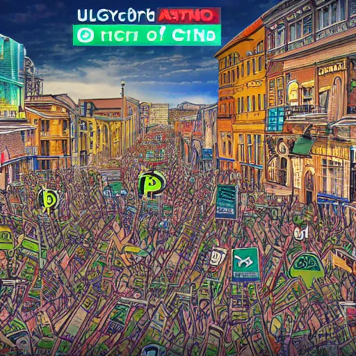 Prompt: landscape of people running away scared from crypto logos standing in the city, cointelegraph design, hyperdetailed, hdr, 8 k