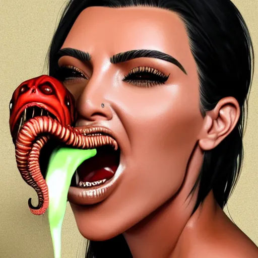 Image similar to kim kardashian being licked menacingly by an xenomorph, highly detailed, photorealistic, slime, saliva, artstation, smooth
