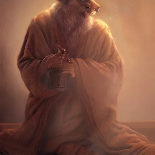 Image similar to antelope deer wolf reptile furry hairy fluffy monk wearing robes holding incense burner. natural lighting by ruan jia, portrait