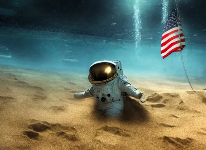 Prompt: astronaut underwater putting a flag in the sand of the bottom of the ocean. in the background, a submarine is visible. dark, concept art, cinematic, dramatic, atmospheric, 8 k, trending on artstation, low visibility, zack snyder