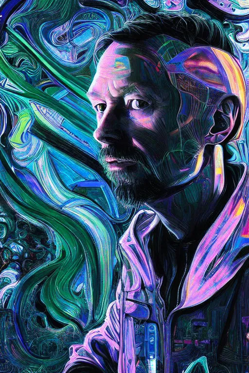 Prompt: A portrait of Thom Yorke as a cyberpunk android, iridescent highlights, surrounded by digital swirls, highly detailed, intricate, soft, sci-fi, sharp focus, subsurface scattering, art by Caravaggio, Moebius, Greg Rutkowski, Alphonse Mucha, Norman Rockwell