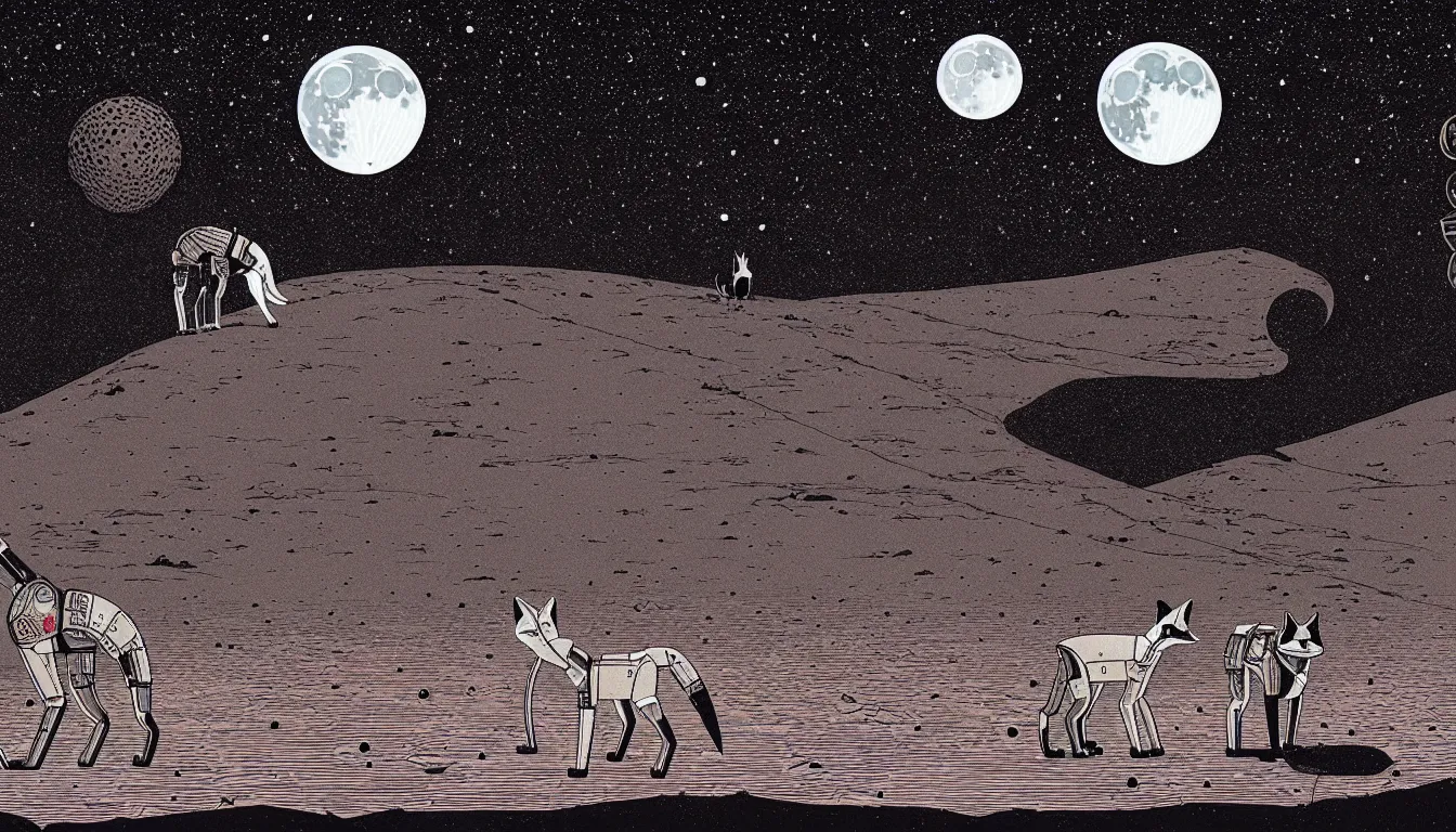 Image similar to a fox and a robot rover standing in desert looking at the moon and night sky by woodblock print, nicolas delort, moebius, victo ngai, josan gonzalez, kilian eng