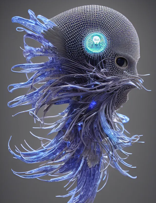 Image similar to 3 d goddess close - up profile portrait with ram skull. beautiful intricately detailed japanese crow jellyfish phoenix, bio luminescent, plasma kitsune mask and clasical japanese kimono. betta fish, jellyfish phoenix, bio luminescent, plasma, ice, water, wind, creature, artwork by tooth wu and wlop and beeple and greg rutkowski