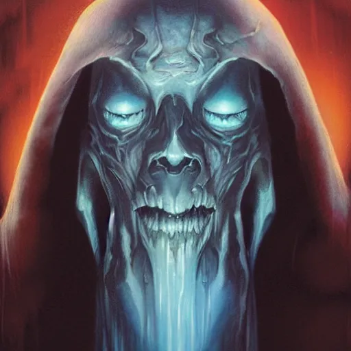 Prompt: head and shoulders portrait of a ghostly spectral wraith, d & d, fantasy, greg rutkowski, frank frazetta, alexandre chaudret, boris vallejo, michael whelan, miro petrov, hr giger, magali villeneuve, donato giancola