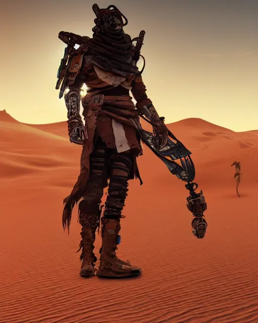 Prompt: render of a futuristic male desert nomad, post apocalyptic, in the style of Star Wars, in the style of Horizon Zero Dawn, part by Tsutomu Nihei, part by Emil Melmoth, part by Craig Mullins, part by Yoji Shinkawa, dof, golden hour, 8k