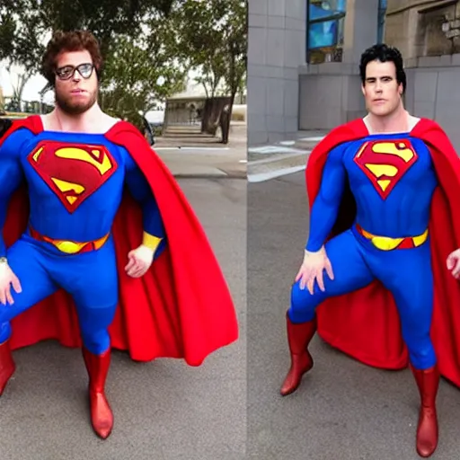 Image similar to Seth Rogan dresses as Superman, doing a squat