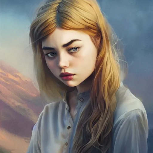 Image similar to a beautiful scenic photo of a beautiful young girl that looks like imogen poots by artgerm and wlop and wes anderson and spike jonze