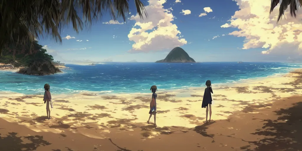 Image similar to a beach in rio de janeiro in an anime film, directed by makoto shinkai, cinematic, key visual, highly detailed, sharp focus