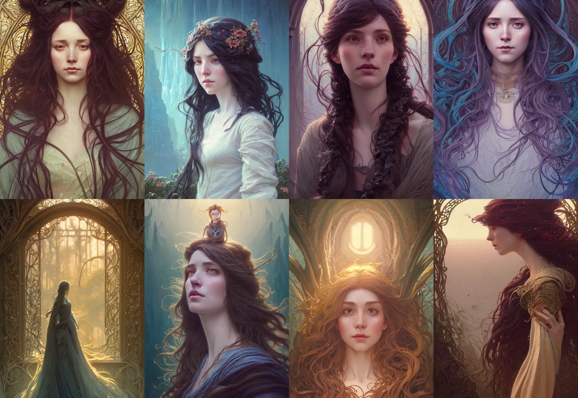 Image similar to highly detailed portrait of a woman with long hairs, stephen bliss, unreal engine, fantasy art by greg rutkowski, art nouveau, loish, rhads, ferdinand knab, makoto shinkai and lois van baarle, ilya kuvshinov, rossdraws, tom bagshaw, alphonse mucha, global illumination, radiant light, detailed and intricate environment