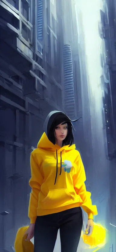 Image similar to a vtuber model concept art of a beautiful girl in a black and yellow hoodie holding an iphone, blue eyes, long hair, full body art, futuristic city background, artstation, digital art, commission art, style by jordan grimmer and greg rutkowski, 4 k resolution