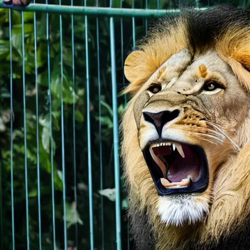 Image similar to lion roaring in cage at the zoo