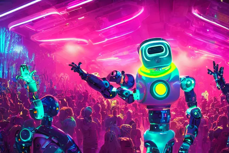 Image similar to robodad cybercore disco rave. bright scene. fine detail. this 4 k hd image is trending on artstation, featured on behance, well - rendered, extra crisp, features intricate detail, epic composition and the style of unreal engine.