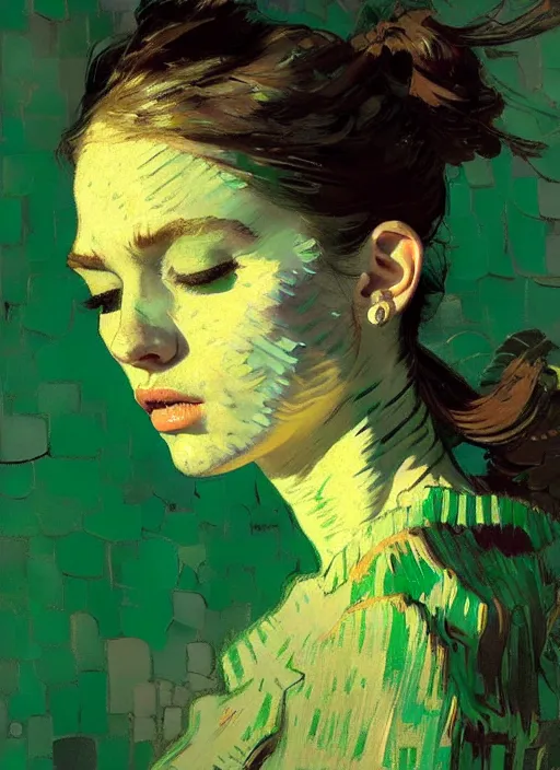 Prompt: portrait of a beautiful girl, eyes closed, open mouth, shades of green, beautiful face, rule of thirds, intricate outfit, spotlight, by greg rutkowski, by jeremy mann, by francoise nielly, by van gogh, digital painting