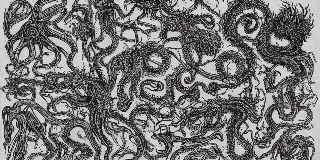 Image similar to detailing reference sheet of lovecraftian unnamed creatures in the style of copper plate etching