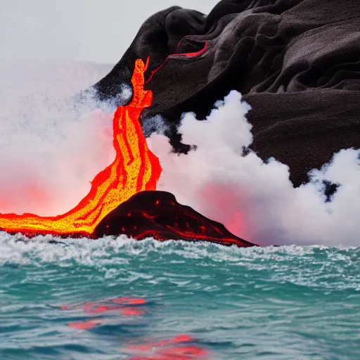 Prompt: man in a swimsuit surfing on flowing lava in a volcano with magma eruptions, steam and smoke from smoldering rocks