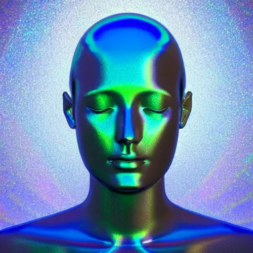 Image similar to 3d render of holographic human robotic head made of glossy iridescent, surrealistic 3d illustration of a human face non-binary, non binary model, 3d model human, cryengine, made of holographic texture, holographic material, holographic rainbow, concept of cyborg and artificial intelligence