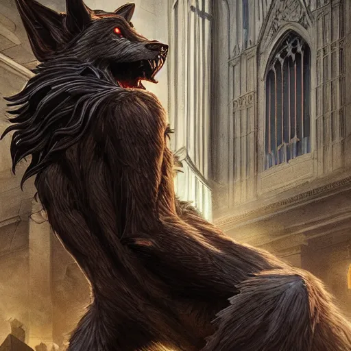 Prompt: werewolf in the city lviv church of st. elizabeth, portrait, highly detailed, full body, digital painting, trending on artstation, concept art, sharp focus, illustration, art by artgerm and greg rutkowski and magali villeneuve