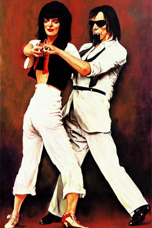 Image similar to Mia Wallace and Vincent Vega dancing Pulp Fiction painted by Norman Rockwell