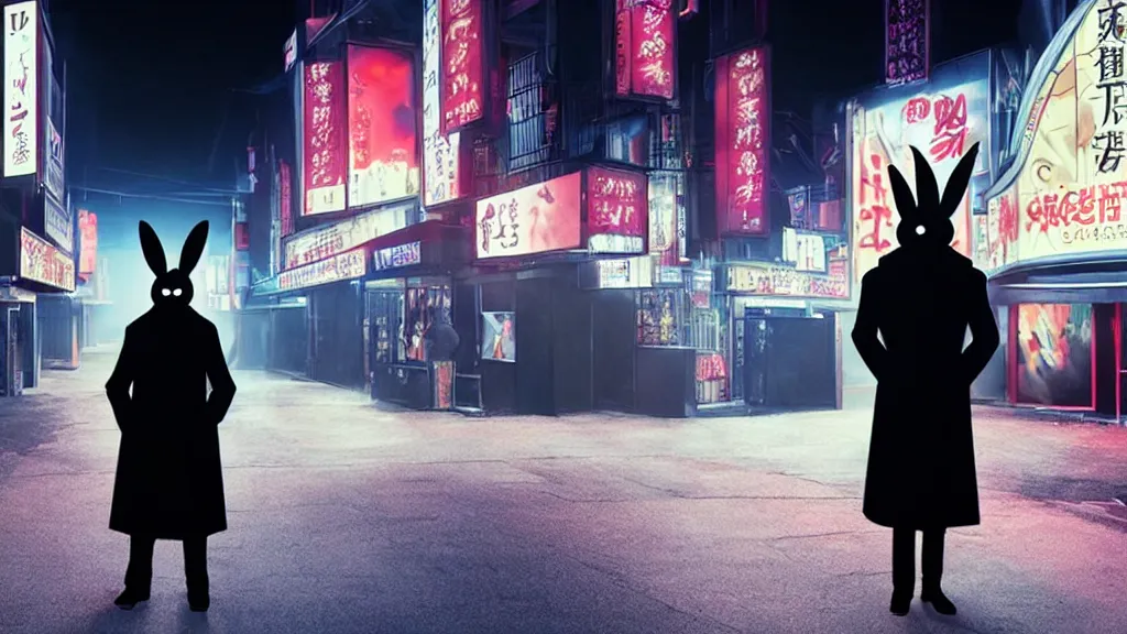 Prompt: a man wearing a black trench coat and black rabbit mask standing outside a night club, anime film still from the movie directed by Denis Villeneuve with art direction by Junji Ito, wide lens