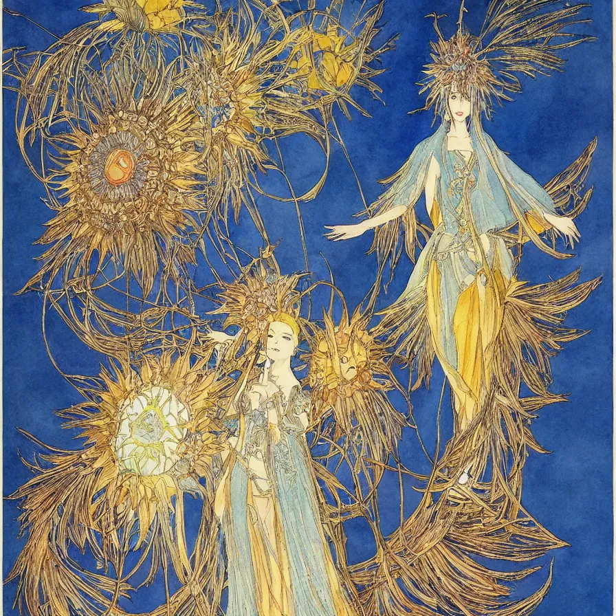 Image similar to watercolor, final fantasy character design, east-asian queen-goddess wearing a shiny golden sunflower crown, character portrait, angelic, shrouded in soft blueish smoke, harry clarke artwork