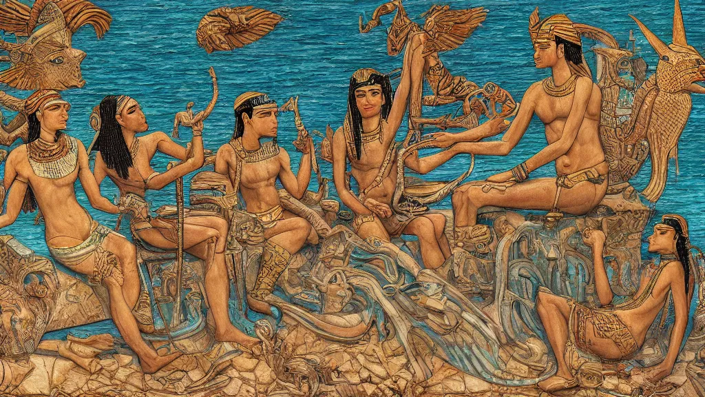 Prompt: epic masterpiece of Ancient Egypt aquatic origin mythos, cinematic, establishing shot, extremely high detail, oil painting, intricate line drawings, 8k resolution