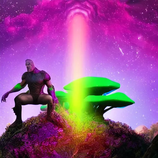 Prompt: thanos eating psilocybin mushrooms on the top of a tree glowing in florescent colors