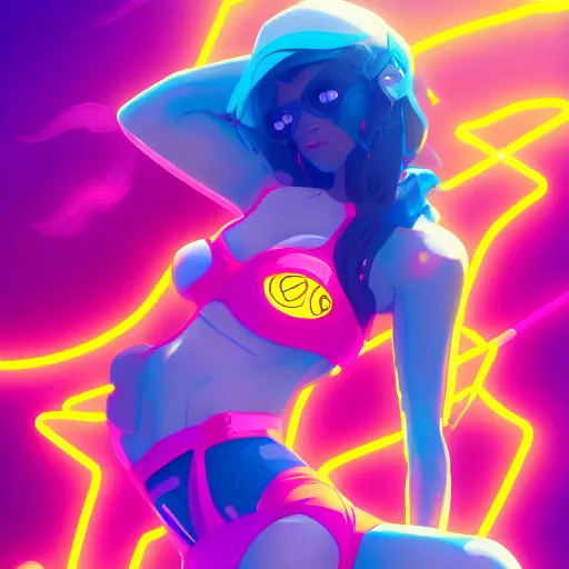 Image similar to neon bikini woman in the ocean | hyperrealistic digital painting by makoto shinkai, ilya kuvshinov, lois van baarle, rossdraws | afrofuturism in the style of hearthstone and overwatch, trending on artstation