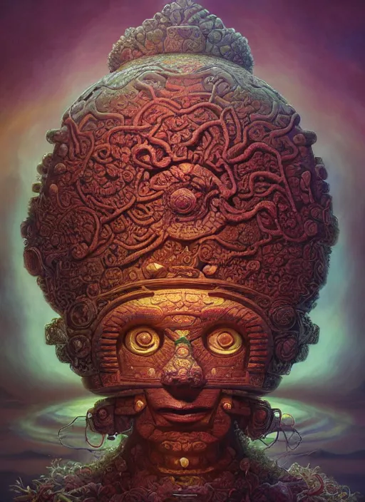 Image similar to Helmet of a forgotten Mayan Deity, corals, ribbons of seaweed, extremly detailed digital painting, in the style of Tomasz Alen Kopera and Fenghua Zhong and Peter Mohrbacher, mystical colors, rim light, beautiful lighting, 8k, stunning scene, raytracing, octane, trending on artstation
