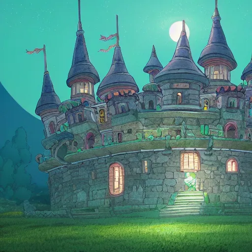 Image similar to highly detailed illustration of a mushroom castle at night, studio ghibli, ultra realistic, 4 k resolution, artstation