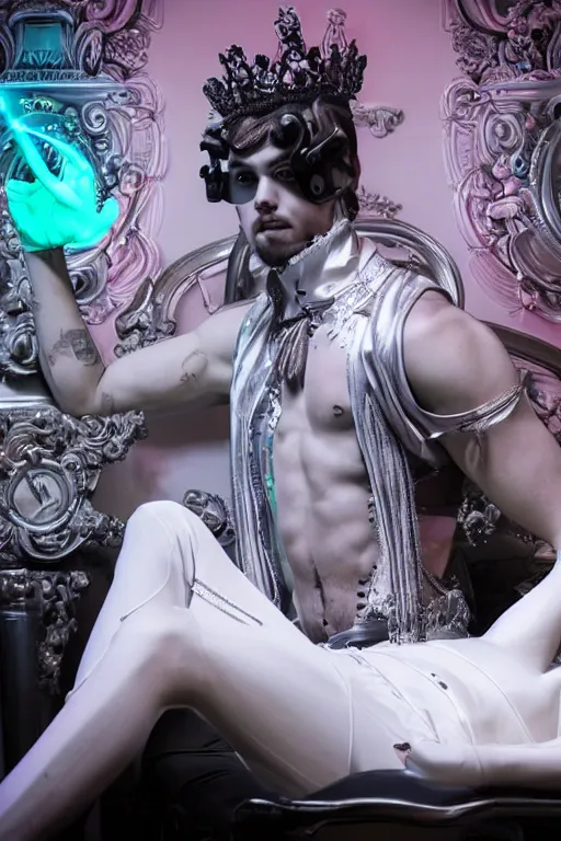 Image similar to full-body rococo and cyberpunk style neon statue of a muscular attractive Liam Payne macho dotado e rico android sim roupa reclining con las piernas abertas e la piroca dura, glowing white lasers, glowing eyes, silver prince crown, silver steampunk gears, white diamonds, swirling mint-colored silk fabric. futuristic elements. ethereal white dripping tar. full-length view. space robots. human skulls. intricate artwork by caravaggio. Trending on artstation, octane render, cinematic lighting from the right, hyper realism, octane render, 8k, depth of field, 3D