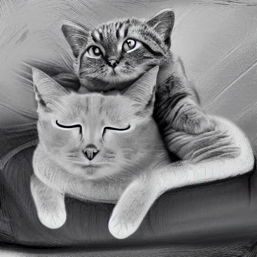 Prompt: a cat sitting on the head of a boy sleeping on a couch, digital art inspired by ansel adams